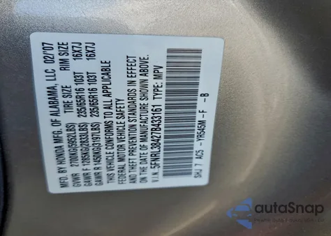 2007 Honda Odyssey Ex z USA, uszkodzony, nr VIN 5FNRL38427B433161